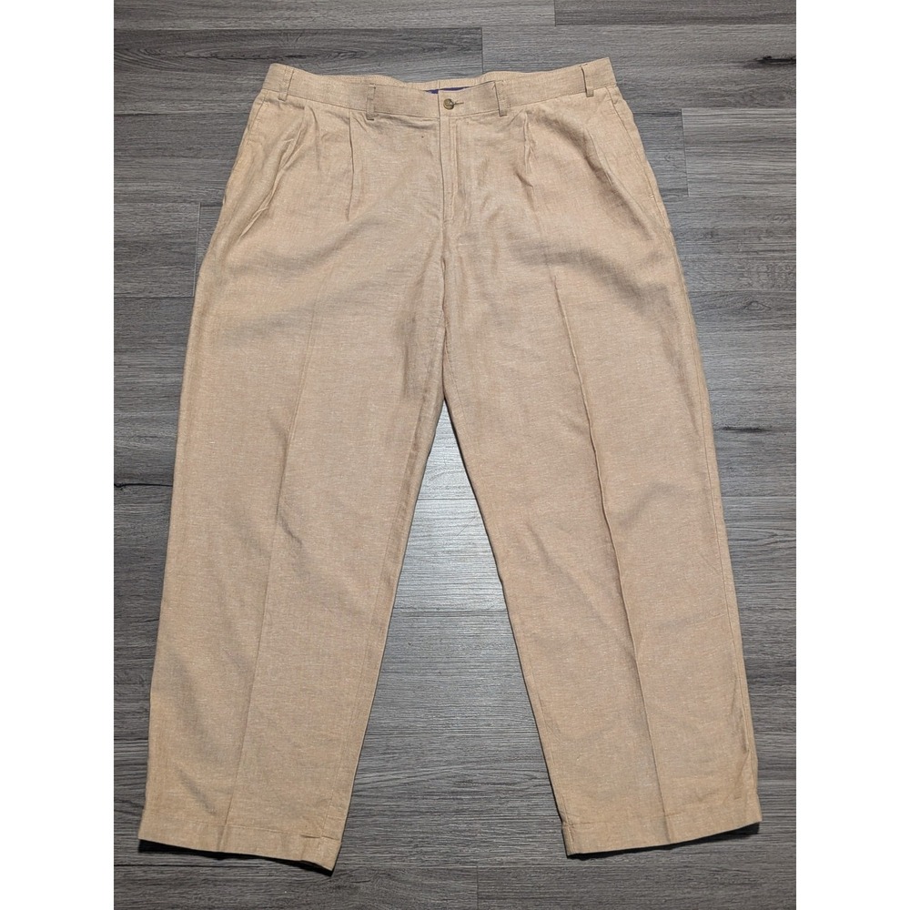 Alan Flusser Men's Brown Linen Blend Pleated & Cuffed‎ Wide Leg Pant Size 40x30
